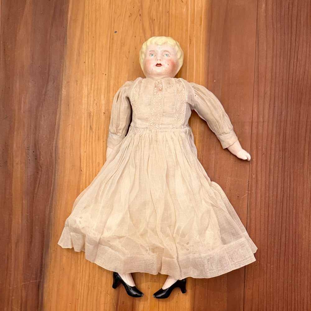 Vintage-German porcelain head doll in Cream Dress
